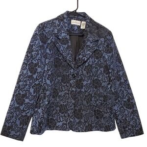 Alfred Dunner Women's Blue Black Floral Brocade Blazer Jacket Size 8